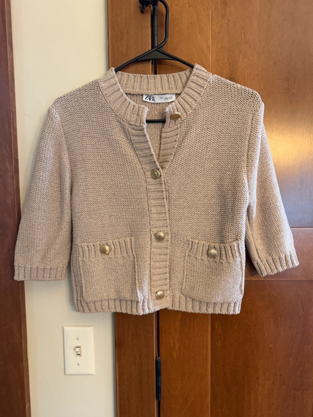 Zara Short-Sleeve Knit Cardigan in Beige